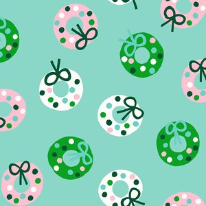 May include: A repeating pattern of Christmas wreaths in green, pink, and white with dark green bows on a light teal background. The wreaths are decorated with small dots of various colors.