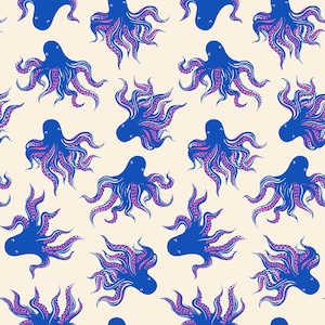 May include: A repeating pattern of blue octopuses with pink tentacle details on a cream background. The octopuses are stylized with rounded shapes and a simple design, creating a playful and whimsical aesthetic. This design is suitable for fabric or wallpaper.