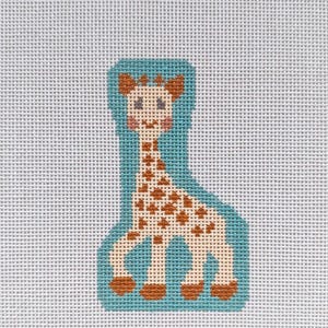 May include: A needlepoint giraffe design on a light blue background. The giraffe has a tan body with brown spots, brown hooves, and brown ears. The giraffe is outlined in a teal blue color.