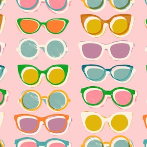 May include: A pattern of colorful sunglasses in various shapes and styles, including round, cat-eye, and square frames. The sunglasses feature a variety of colors, such as pink, yellow, green, and blue, set against a light pink background.