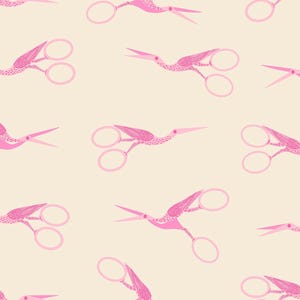 May include: A repeating pattern of pink scissors with a bird-like design on a cream background. The scissors have a bird's head and wings, with the blades and handles in a matching pink color. The design is whimsical and decorative.
