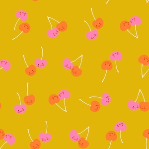 Könnte beinhalten: Ein sich wiederholendes Muster aus Cartoon-Kirschen auf einem senfgelben Hintergrund. Die Kirschen sind rosa und orange mit weißen Stielen und lächelnden Gesichtern. Dieses Design eignet sich für Stoffe, Tapeten oder andere dekorative Anwendungen.
