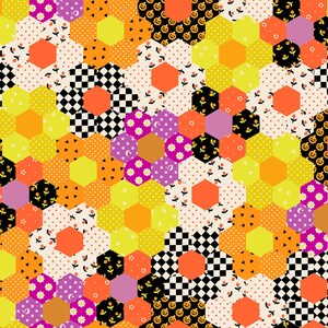 May include: A patchwork quilt fabric featuring a repeating hexagonal pattern. The design includes various prints such as black and white checkers, orange jack-o'-lanterns, small floral motifs, polka dots, and solid bright orange and yellow hexagons.