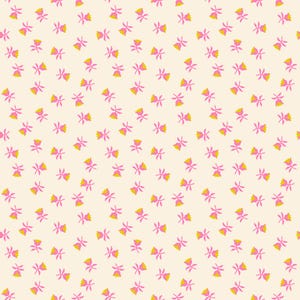 May include: A repeating pattern of small pink flowers with yellow centers and green stems on a cream background. The floral design is evenly distributed across the surface, creating a delicate and feminine aesthetic.