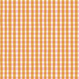 May include: A repeating pattern of orange, pink, and cream-coloured gingham checks. The design features vertical and horizontal lines creating a grid-like pattern. The lines have a slightly uneven, hand-drawn appearance, adding a touch of whimsy to the classic check design.