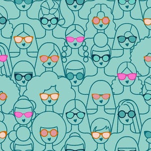 May include: Illustration of a repeating pattern featuring stylized figures with various hairstyles and sunglasses. The sunglasses are in shades of pink, orange, and black. The background is a light teal color.