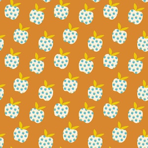 Puede incluir: Un fondo naranja con un patrón repetido de manzanas blancas. Cada manzana tiene un tallo amarillo y un patrón de pequeños puntos azules. El diseño es simple y alegre, adecuado para diversas aplicaciones.