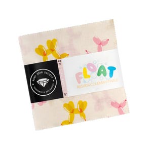 May include: A fabric charm pack with a repeating pattern of yellow and pink balloon animals on a cream background. The pack is wrapped with a label that reads "FLOAT" and "RUBY STAR SOCIETY". The pack contains 42 pieces and is 5 inches.