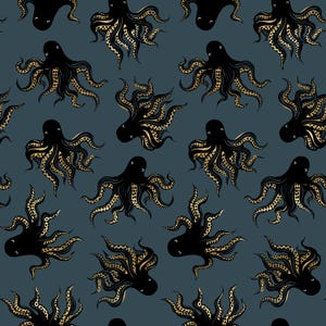 May include: A repeating pattern of black octopuses with gold-colored tentacles on a dark teal background. The octopuses are stylized with rounded heads and detailed tentacles, creating a visually engaging design. This pattern is suitable for fabric, wallpaper, or other decorative applications.