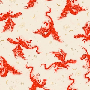 May include: A repeating pattern of red dragons with outstretched wings on a cream background. The design includes gold stars and crescent moons. The dragons are in various poses, creating a whimsical fantasy theme.