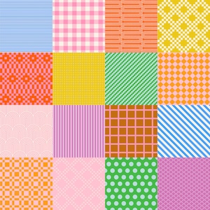 May include: A colorful patchwork design featuring various geometric patterns. The image showcases a grid of sixteen squares, each with a unique pattern, including stripes, checks, dots, and wavy lines in vibrant colors like pink, orange, yellow, and green.