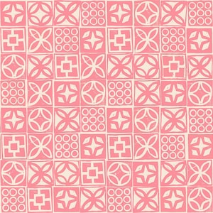 May include: A repeating pattern of pink and off-white squares. Each square contains a different geometric design, including circles, squares, and floral-like shapes. The overall design is symmetrical and visually appealing.