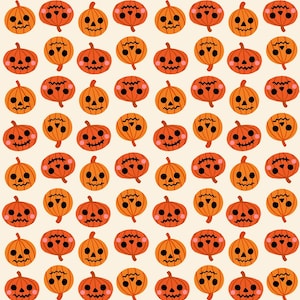 May include: A repeating pattern of orange and yellow cartoon pumpkins with smiling faces and green stems. The pumpkins are arranged on a cream-colored background, creating a festive Halloween design.