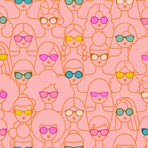 May include: A repeating pattern of stylized female figures wearing sunglasses in various colors, including pink, yellow, green, and blue. The background is a solid light pink color, and the figures are outlined in a darker orange.