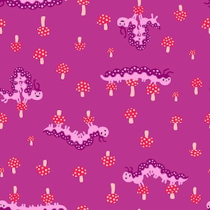 May include: A whimsical pattern featuring pink caterpillars and red-capped mushrooms on a magenta background. The caterpillars have a dotted design and are interspersed with various sizes of mushrooms, creating a playful, repeating design.
