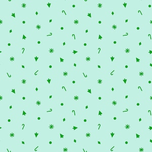 May include: A seamless pattern featuring various green Christmas-themed icons on a light blue background. The design includes snowflakes, candy canes, diamonds, dots, and Christmas trees, creating a festive and repeating motif.