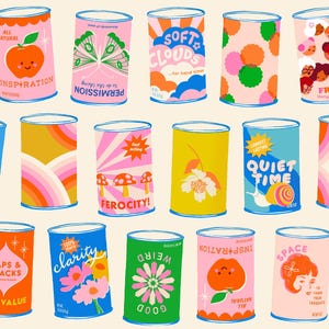 May include: A collection of colorful tin cans with various designs and text. The cans feature illustrations of flowers, fruit, mushrooms, and faces. Text includes "Good Weird", "Inspiration", "Permission", "Soft Clouds", "Courage", and "Quiet Time".