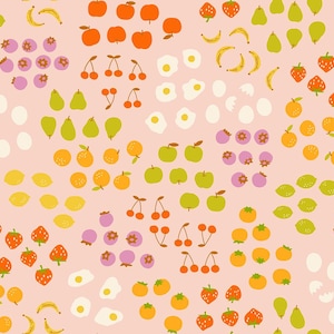 May include: A repeating pattern of various fruits, including oranges, apples, strawberries, cherries, bananas, pears, and blueberries, on a light pink background. The fruits are stylized with simple shapes and bright colors, creating a cheerful and playful design.