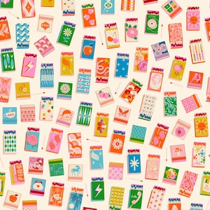 May include: A pattern of colorful matchboxes with various designs, including flowers, fruits, and geometric shapes. The matchboxes are arranged on a cream-colored background. Each matchbox has a different design, with a variety of colors and styles.