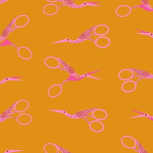 May include: A repeating pattern of pink scissors with bird-like designs on an orange background. The scissors are open and closed, creating a dynamic and playful design. This pattern is suitable for fabric, wallpaper, or other craft projects.