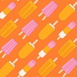 May include: A repeating pattern of colorful popsicles on an orange background. The popsicles are in various shapes and colors, including pink, yellow, and white, with wooden sticks. The design has a retro, summery vibe.