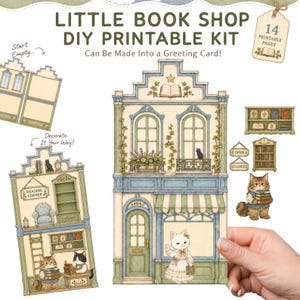 May include: A Little Book Shop DIY printable kit featuring 14 pages of illustrations including a two-story building facade, interior furniture, bookshelves, and cat characters. The kit includes text elements like Little Book Shop, Can Be Made Into a Greeting Card, Start Empty, and Decorate It Your Way.