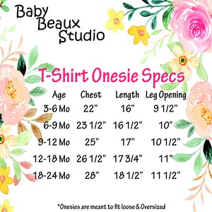 May include: A chart showing the size specifications for baby onesies. The chart lists the age, chest, length, and leg opening measurements in inches. The chart is on a pink background with floral designs.
