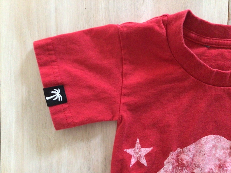 May include: Red short-sleeved t-shirt with a white palm tree logo on the left sleeve and a white graphic of a bear and a star on the front.
