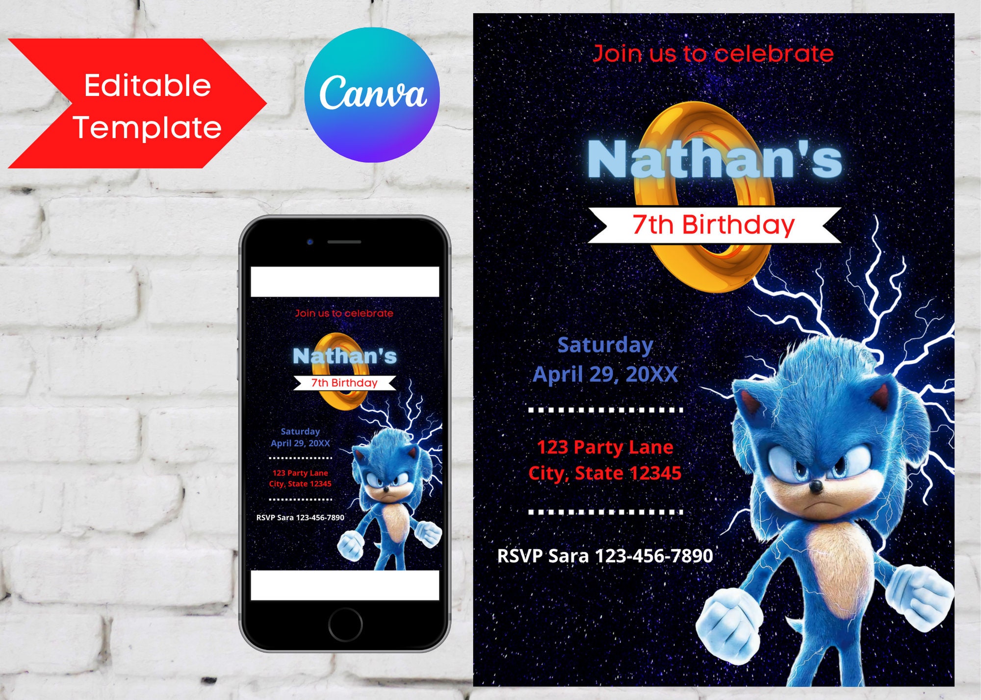 EDITABLE Sonic the Hedgehog Birthday Party Invitation Sonic Party Invite Instant Download Editable with Canva Sonic the