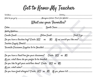 Get to Know My Teacher Questionnaire for Teacher Appreciation