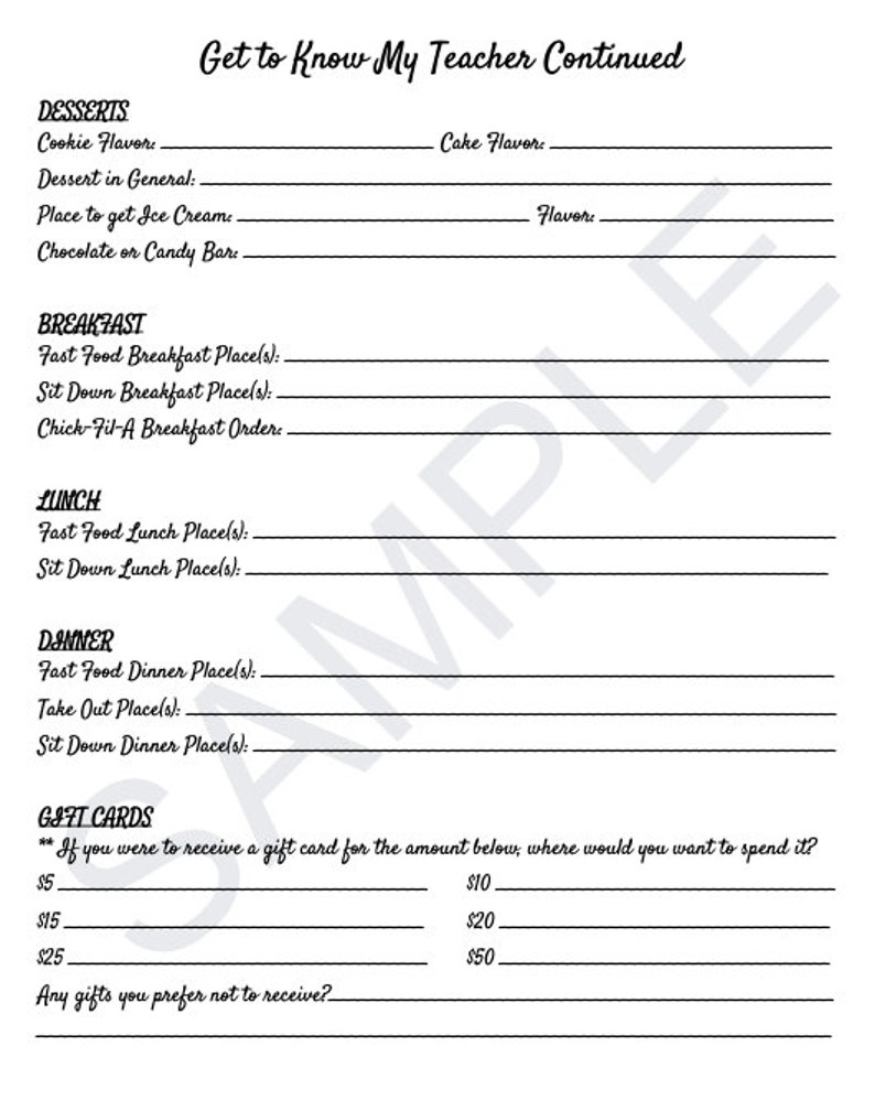 byron bistro caters banquet event order - blank... Get to Know My Teacher Questionnaire for Teacher Appreciation - Etsy