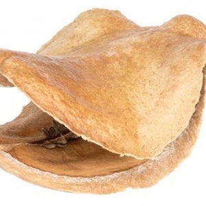 Può includere: Un baccello di frutta secca, di colore marrone chiaro, aperto e con una consistenza ruvida. Il baccello è aperto, rivelando l'interno del frutto.