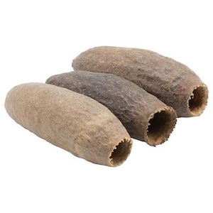 May include: Three brown, hollow, cylindrical seed pods with a rough texture. The pods are arranged in a stack, with the largest pod at the bottom and the smallest pod at the top.