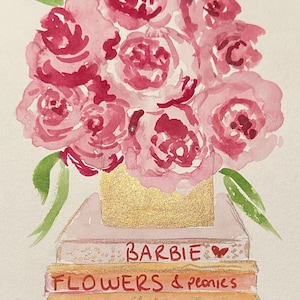 Handgemachtes Original Aquarell Blumenbild - Rosa Pfingstrosen mit Büchern - Valentinstag Geschenk