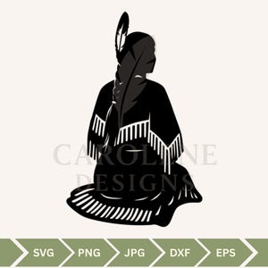 Odpoczywająca sylwetka tubylczej kobiety SVG | Plik z piórami i warkoczami do cięcia włosów dla Cricut i Silhouette | Pojedynczy obraz do pobrania cyfrowego