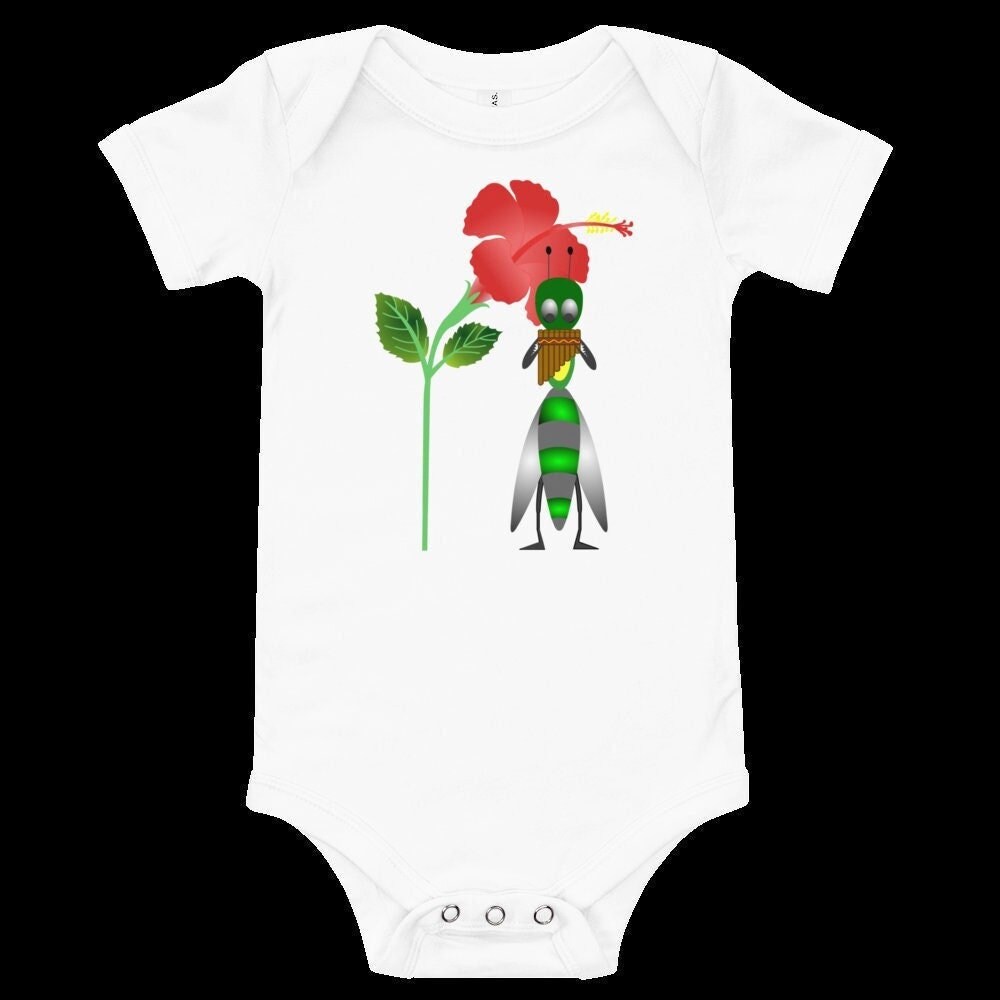 Onesie - hibiscus, bug playing pan flute