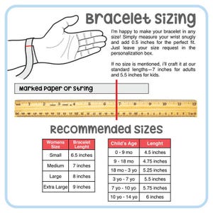 May include: Diagram for bracelet sizing, featuring a hand with a measuring tape and text. Includes a chart with recommended bracelet lengths in inches for women and children based on age and wrist size. The text reads "Bracelet sizing".