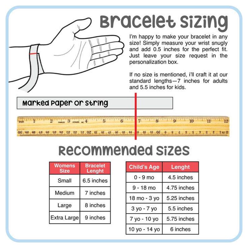 May include: Diagram for bracelet sizing, featuring a hand with a measuring tape and text. Includes a chart with recommended bracelet lengths in inches for women and children based on age and wrist size. The text reads "Bracelet sizing".