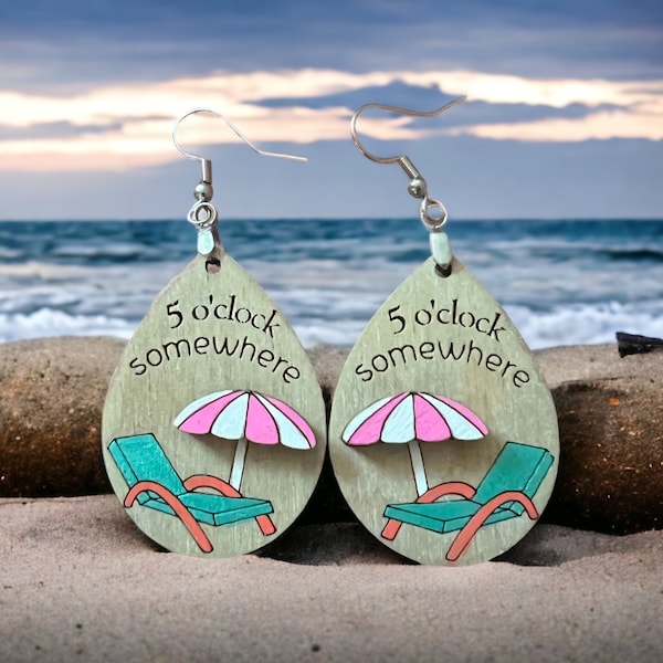 5 O’Clock Somewhere Dangle Earrings, Beach Chair and Umbrella Earrings,Hand Painted Dangle Earrings, Beach Vacation Jewelry,Vacation Earring