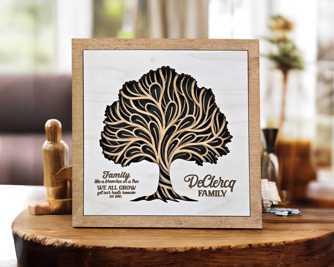 Wooden Family Tree Wall Art Anniversary Gift Idea Personalized Surname ...
