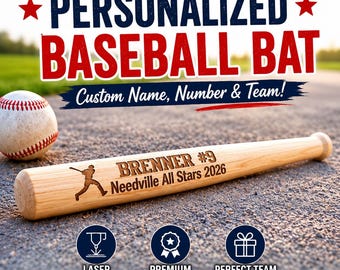 Spersonalizowany kij baseballowy, spersonalizowany prezent dla drużyny, grawerowany kij baseballowy, imię i numer gracza, prezent na koniec sezonu, prezent dla trenera All Star