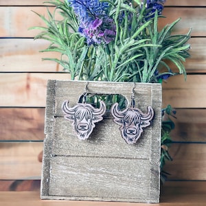 Rustic Highland Cow Dangle Earrings, Cute Farm Animal Laser Cut Earrings, Western Highland Cow, Unique Novelty Earrings, Country Girl Dangle