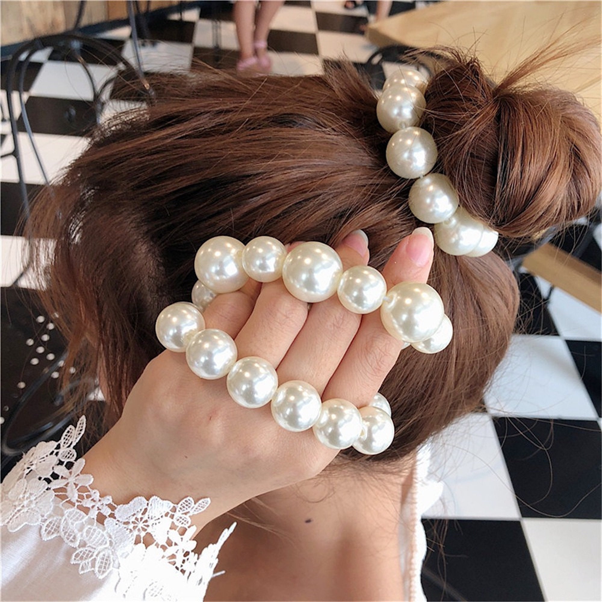 Pearl Studded Floral Hair Scrunchie Scarf - Mocha Brown