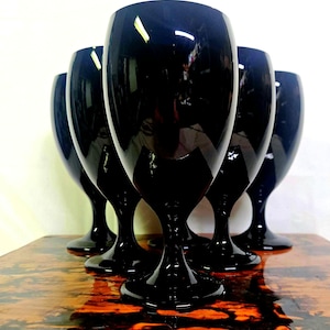 6 Vintage Libbey Black Amethyst Purple Glass Wine Water Cups Goblets 7” Goth