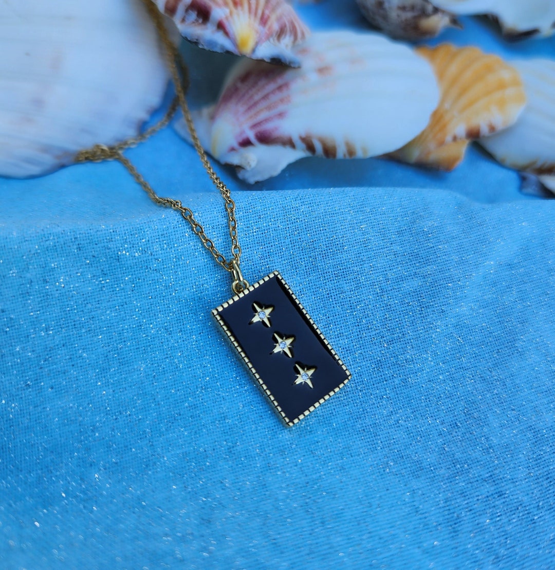 18K Gold Square Enamel Black Pendant Necklace, Dainty Necklace, Dainty Chain, Gold Star Enamel