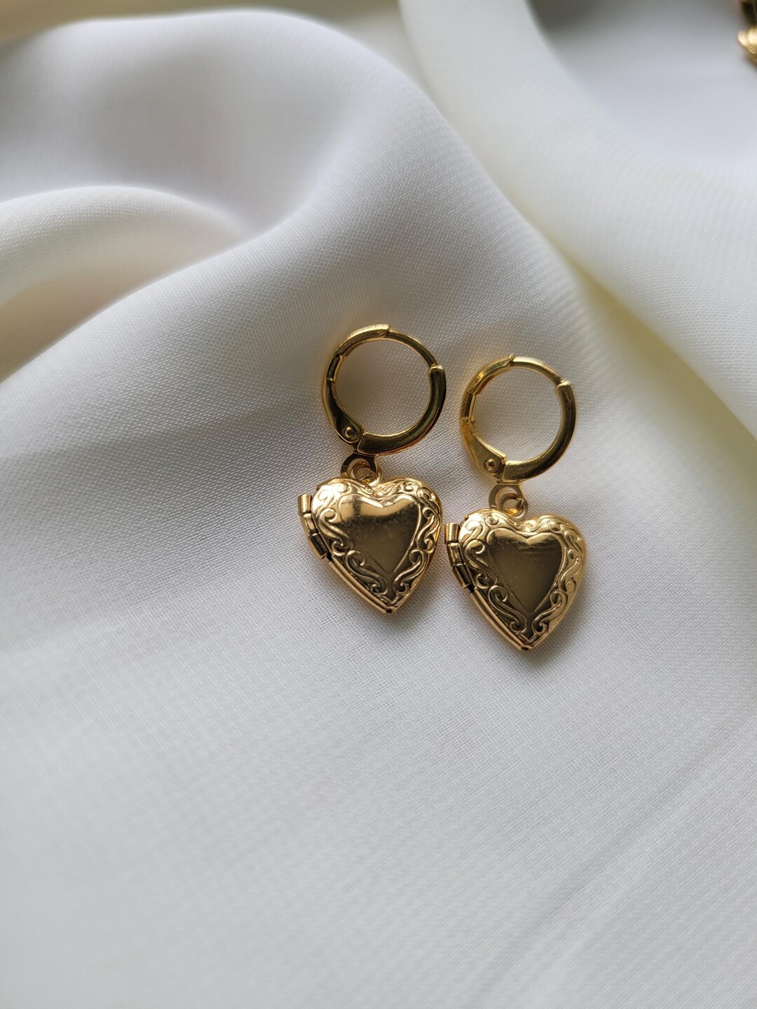 Heart Earrings, Gold Earrings, Gold Heart Locket Necklace, Gift for Her
