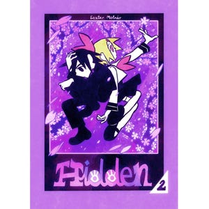 May include: A purple and black illustration of two anime characters with the text "Hidden 2" and the name "Eszter Molnar" at the top. The characters are standing in front of a purple background with white flowers.