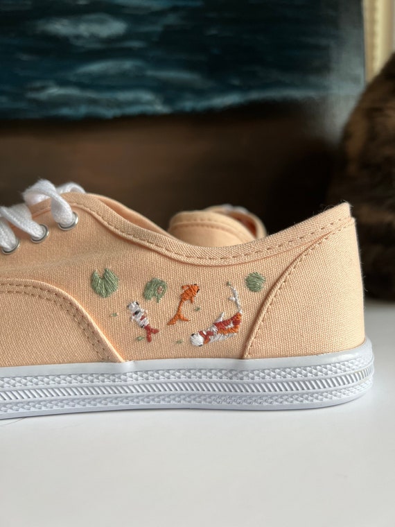 Hand Embroidered Canvas Shoes Koi Fish Etsy