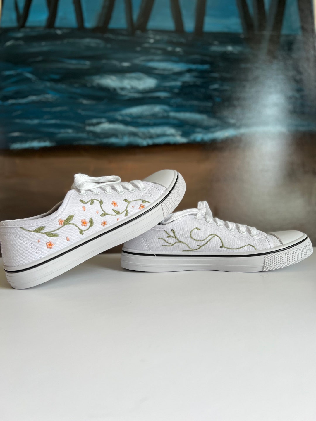 Custom Embroidered Canvas Shoes Floral Etsy