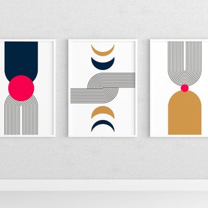 Abstract Art Set of 3, Mid Century Modern Wall Art, Printable Circular Art, Geometric Wall Decor, Minimal Art Prints, Digital Download Print